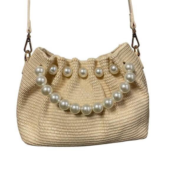 Melie Bianco Josie Natural Small Straw Pearl Embellished Top Handle Bag - Picture 6 of 8